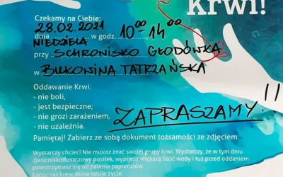 Akcja honorowego oddawania krwi w Schronisku GŁODÓWKA 28/02/2021