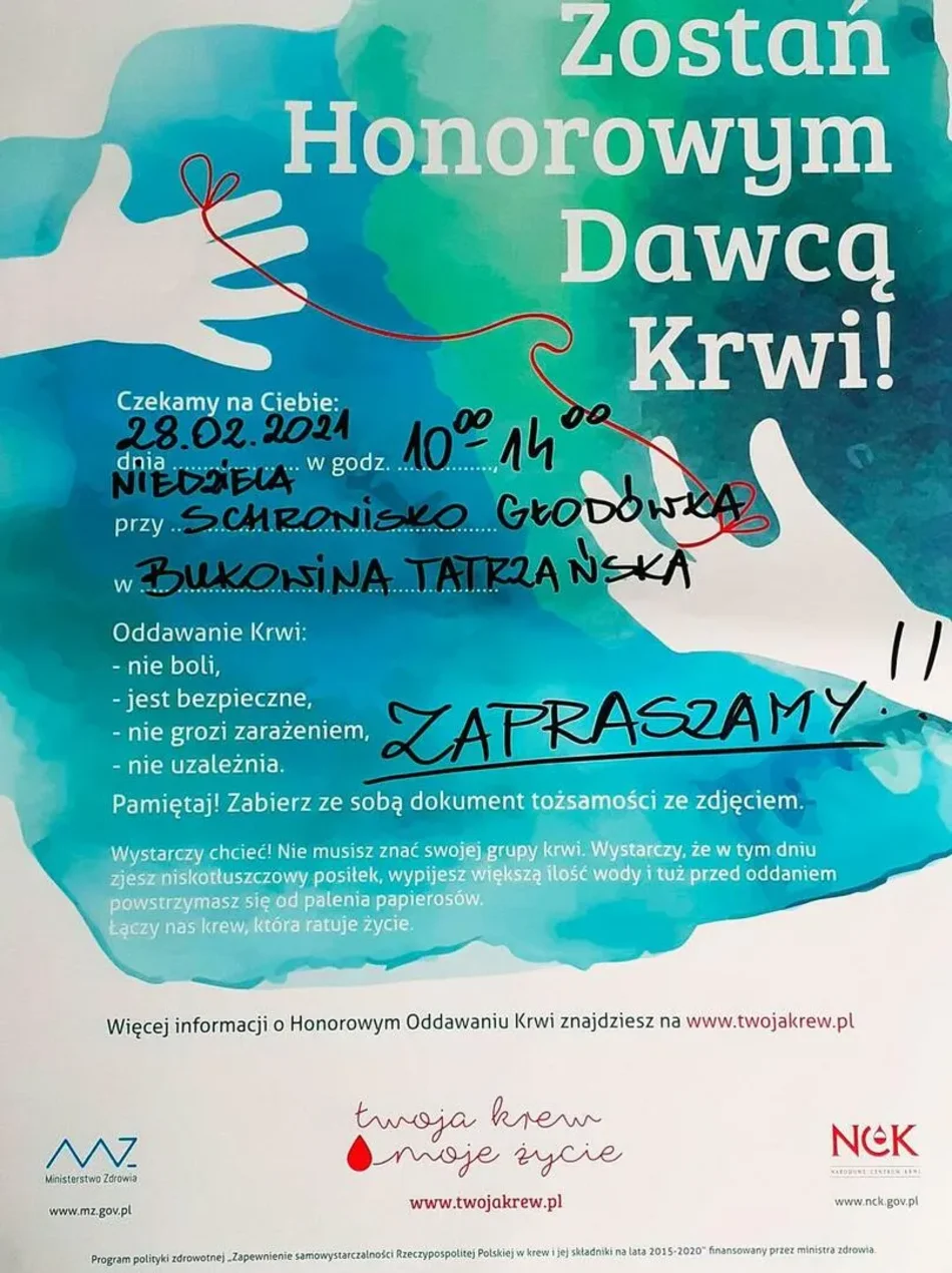 Akcja honorowego oddawania krwi w Schronisku GŁODÓWKA 28/02/2021