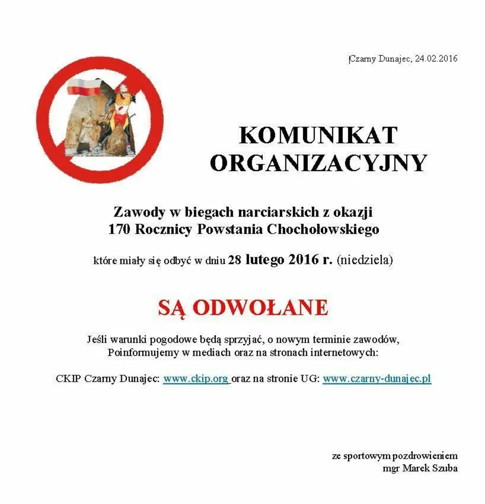 Zawody w biegach narciarskich z okazji 170 Rocznicy Powstania Chochołowskiego ODWOŁANE