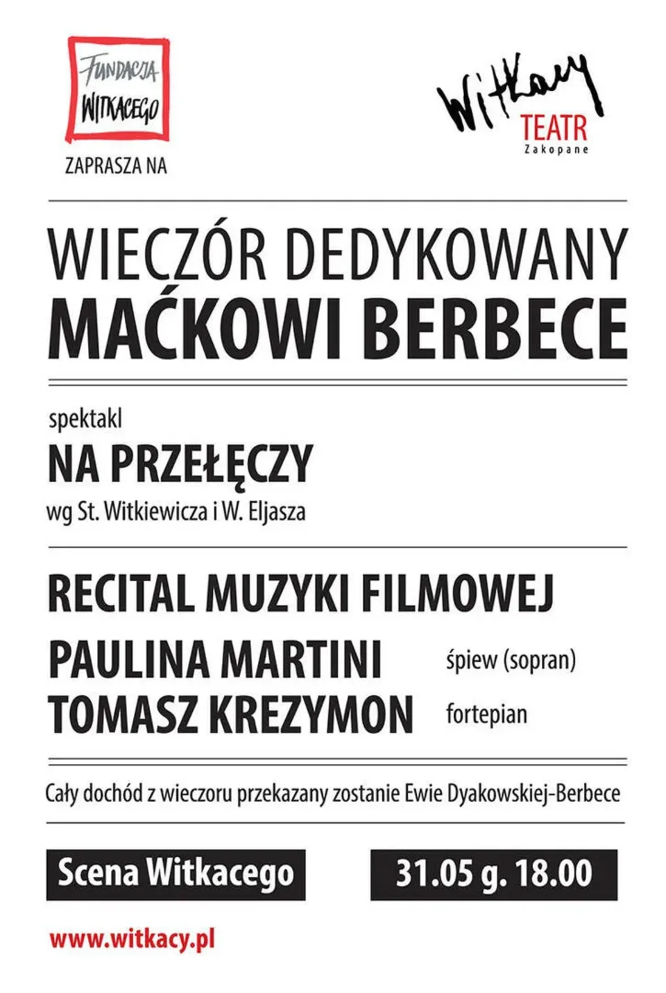 Zaproszenie Fundacji Witkacego na wieczór dedykowany Maciejowi Berbece