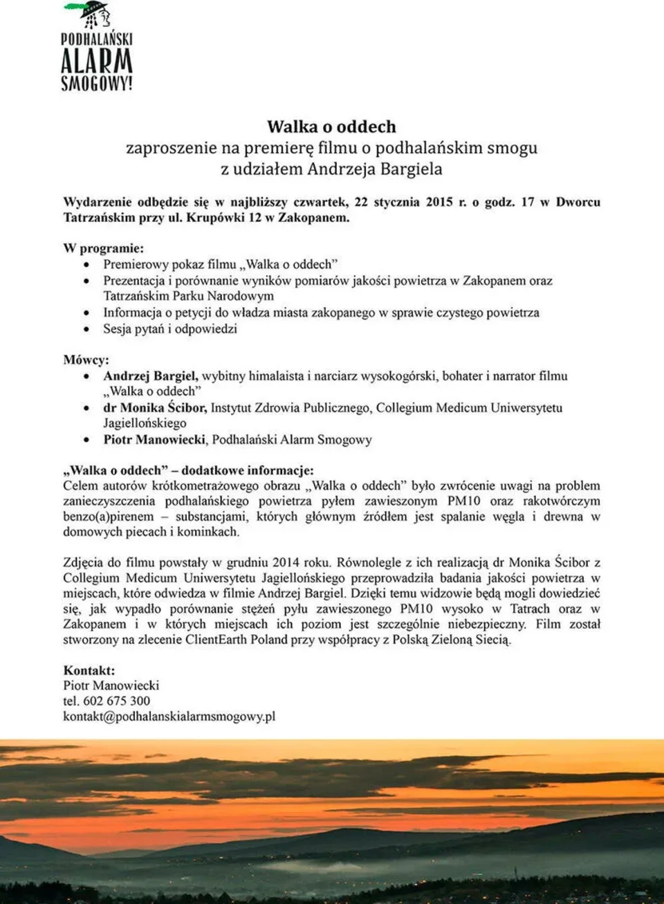 Premiera filmu o podhalańskim smogu z udziałem Andrzeja Bargiela pt. “Walka o oddech”