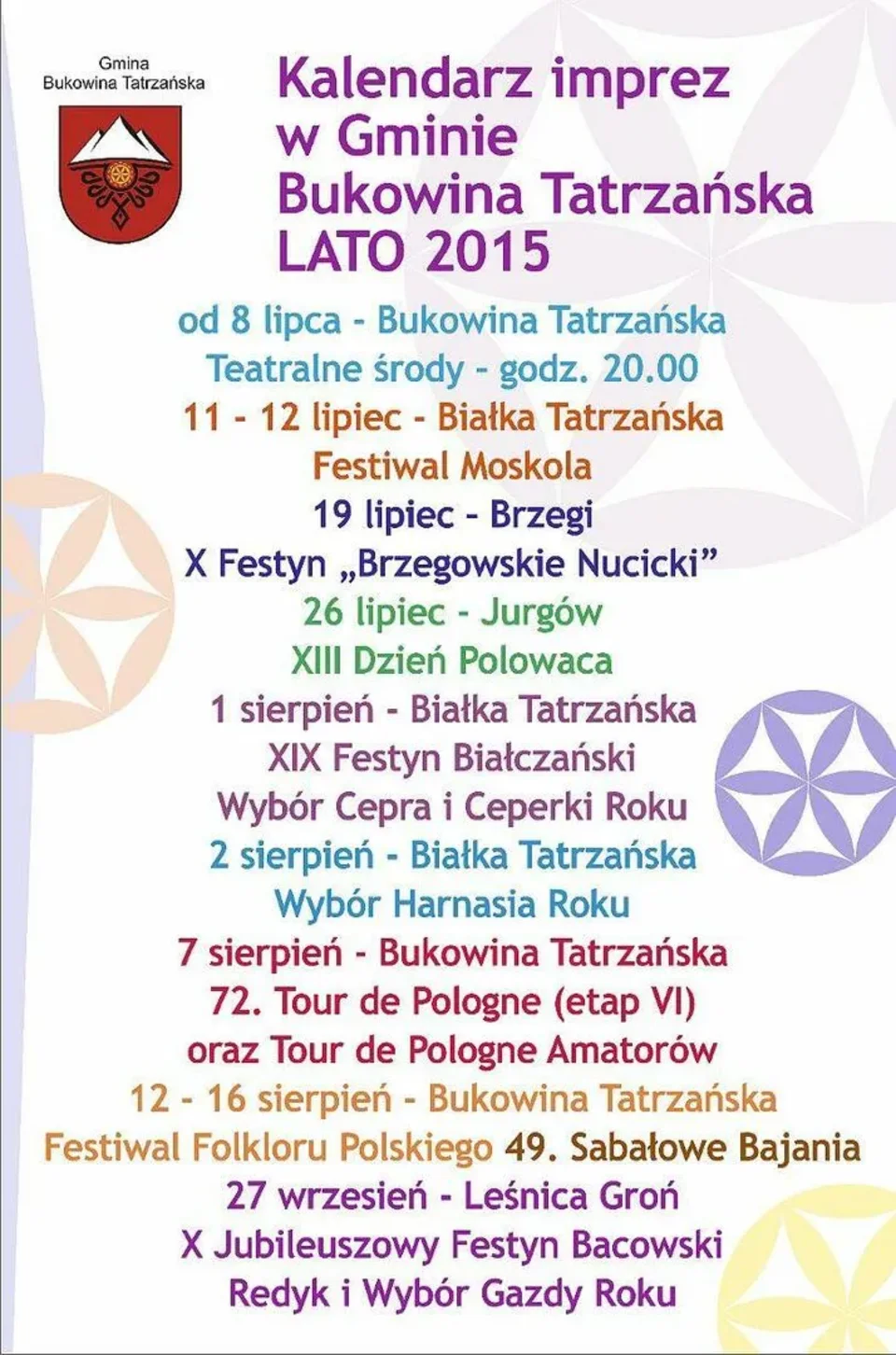Kalendarz imprez w Gminie Bukowina Tatrzańska LATO 2015