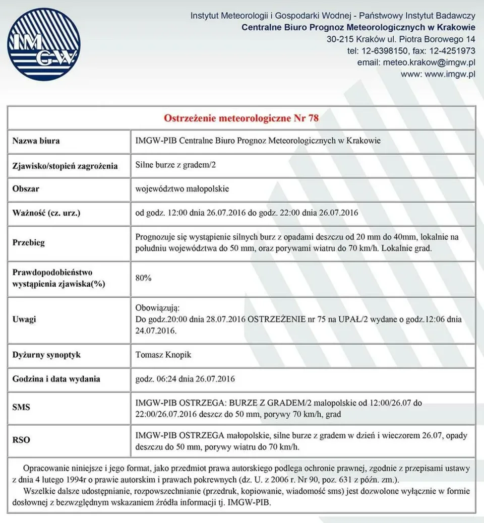 Ostrzeżenie meteorologiczne Nr 78