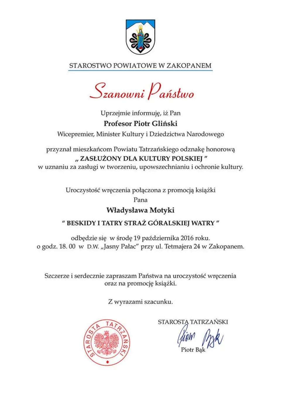 Uroczystość wręczenia odznaki honorowej "ZASŁUŻONY DLA KULTURY POLSKIEJ" oraz z promocja k