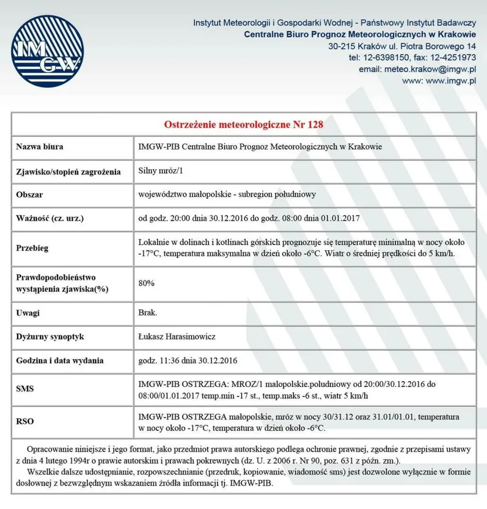 Ostrzeżenie meteorologiczne Nr 128 - Silny mróz