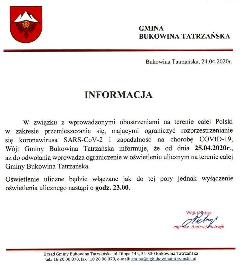 KORONAWIRUS - ograniczenie w oświetleniu ulicznym na terenie całej Gminy Bukowina Tatrzańska