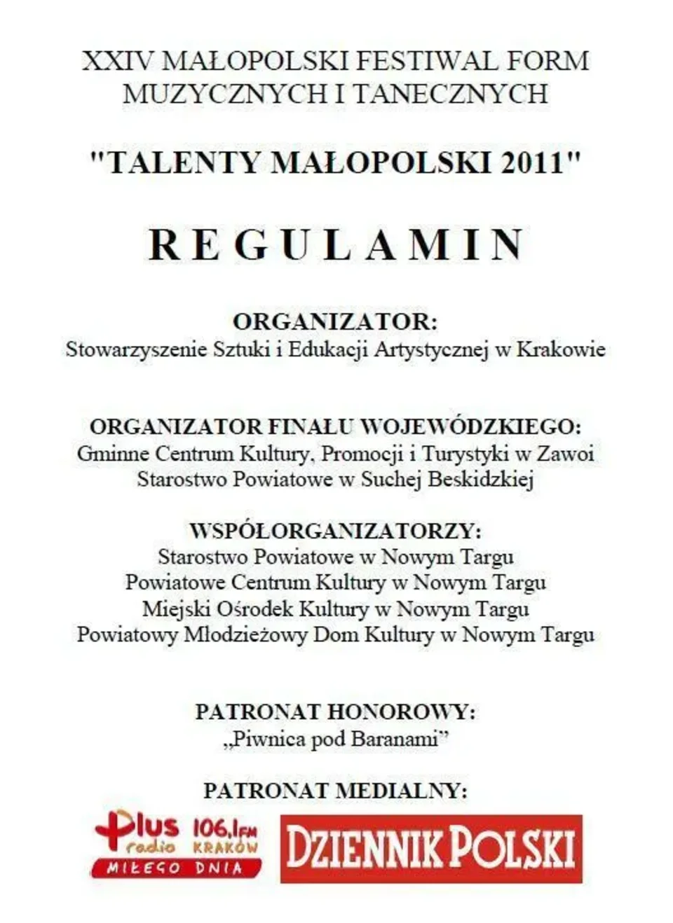 TALENTY MAŁOPOLSKI 2011 - REGULAMIN