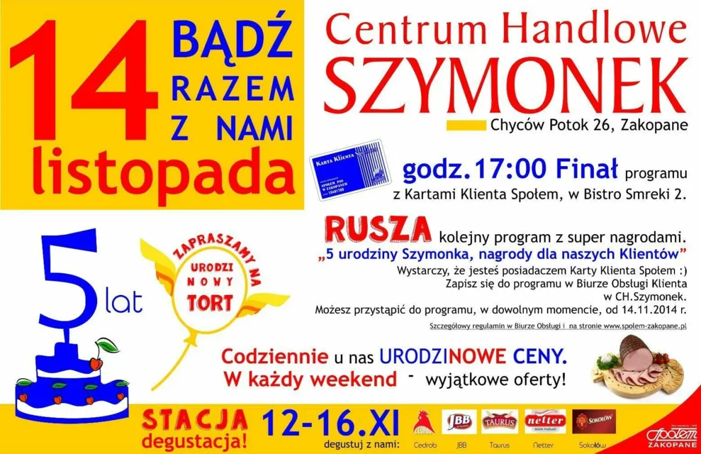 Społem Zakopane zaprasza na 5 urodziny Centrum Handlowego Szymonek