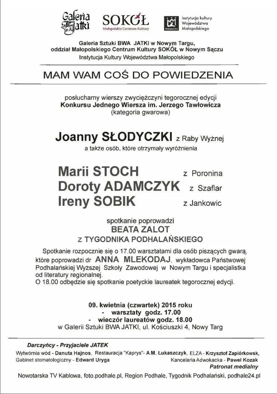 WIECZÓR POEZJI w Galerii Sztuki BWA JATKI