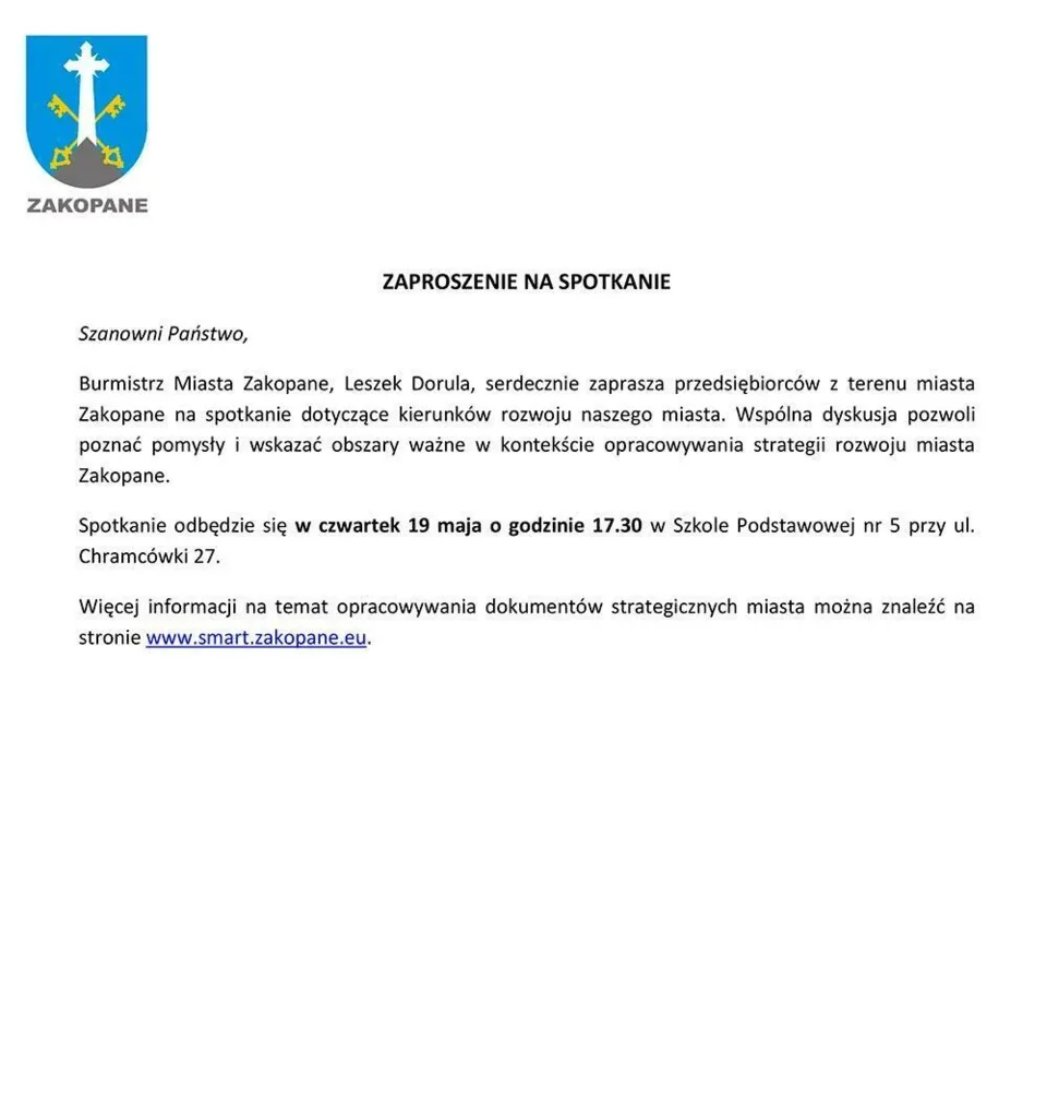 Spotkanie dla PRZEDSIĘBIORCÓW w sprawie STRATEGII ROZWOJU ZAKOPANEGO
