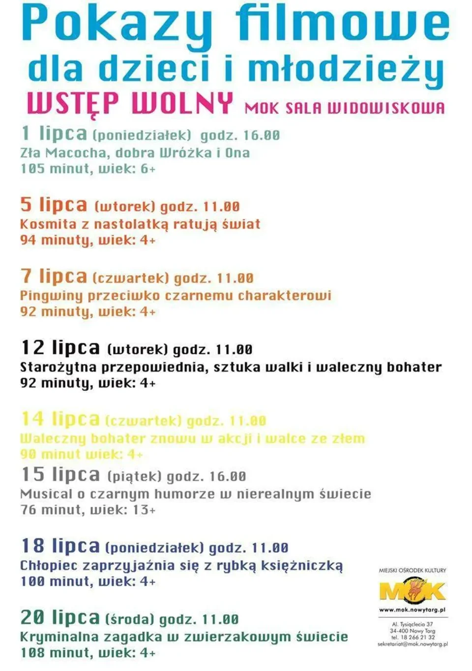 Zapraszamy na pokazy filmowe dla dzieci i młodzieży