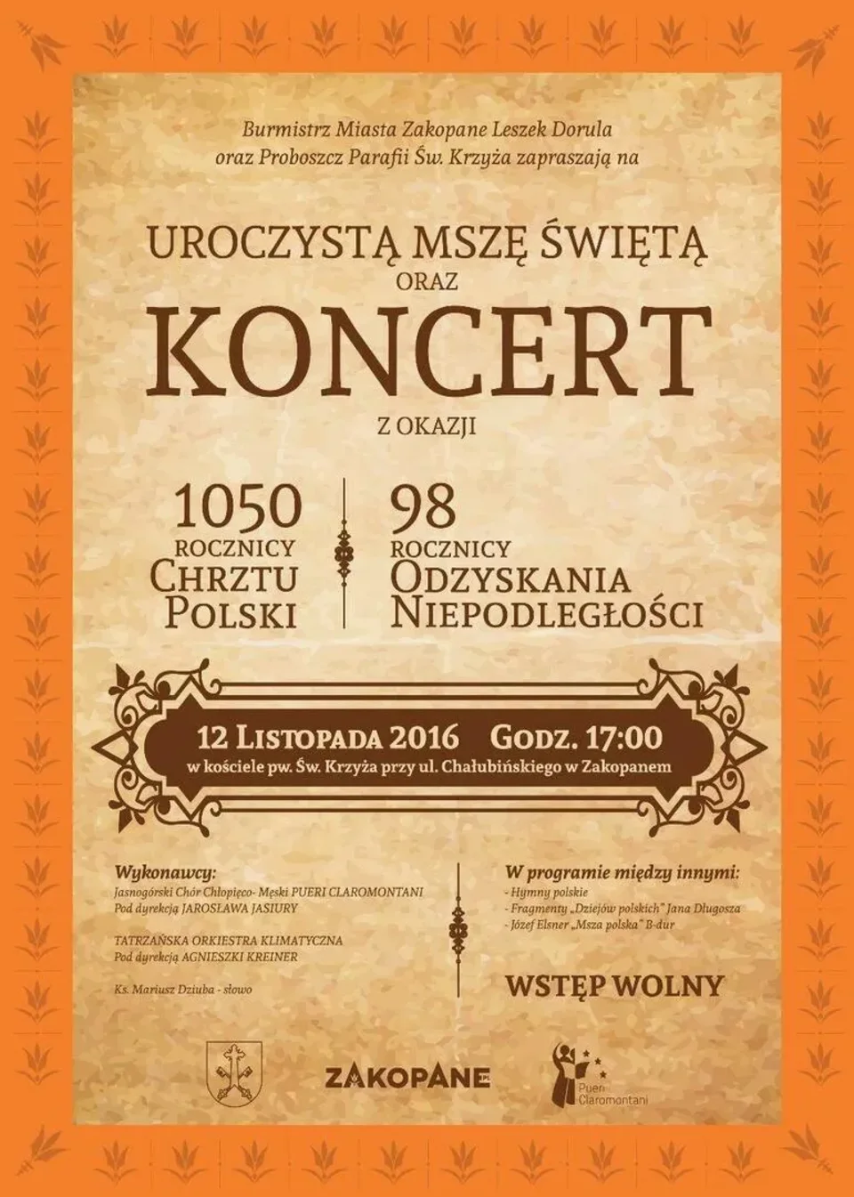 Uroczysta Msza Święta i koncert z okazji 1050 rocznicy Chrztu Polski i 98 rocznicy odzyskania niepod