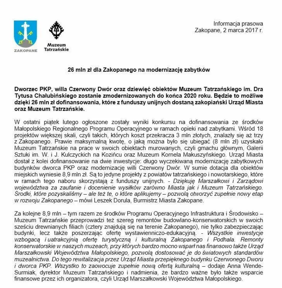 26 mln zł dla Zakopanego na modernizację zabytków