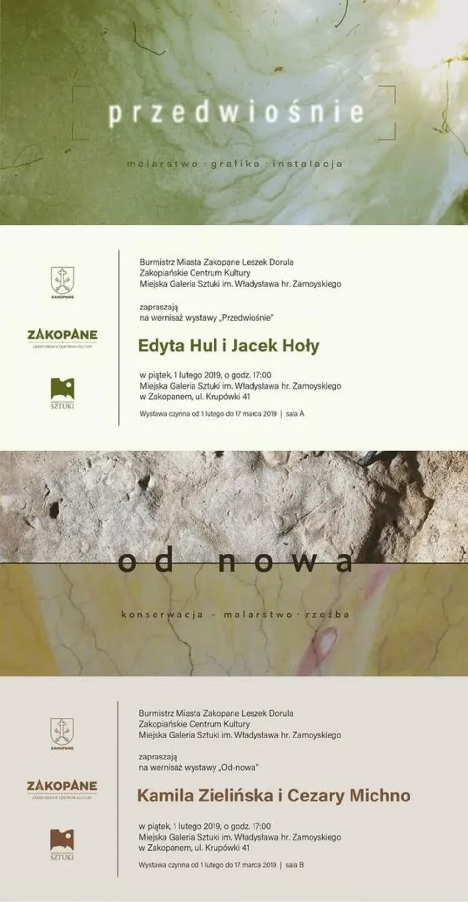 Zaproszenie na wernisaż wystaw "Przedwiośnie" i "Od-nowa"