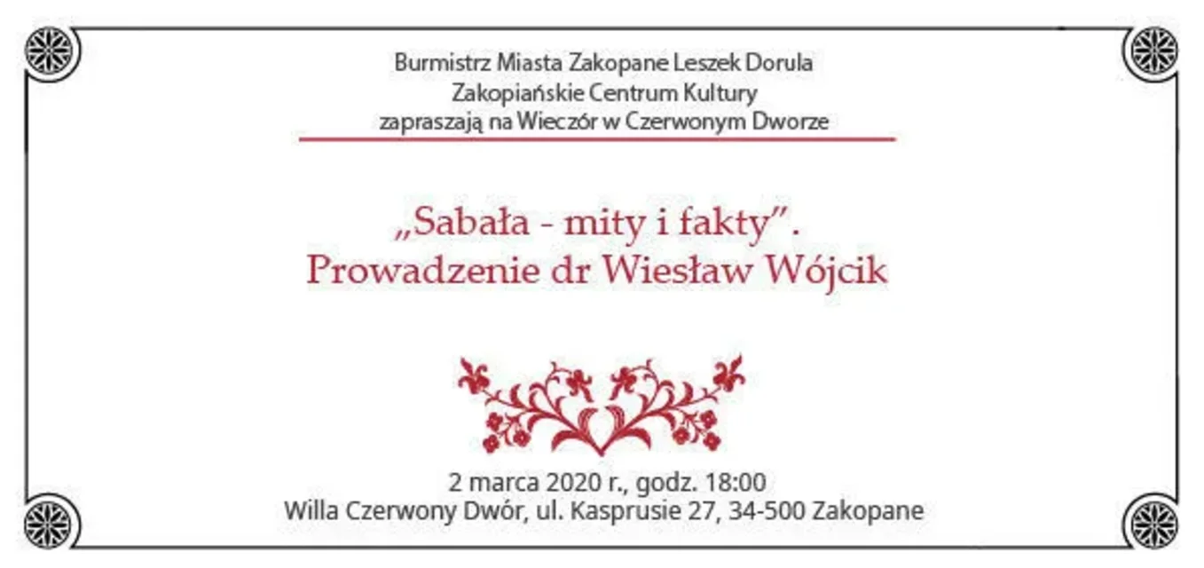 Wieczór w Czerwonym Dworze: "Sabała - mity i fakty"