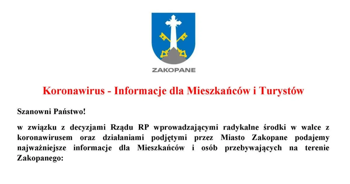 Koronawirus - Informacje dla Mieszkańców i Turystów