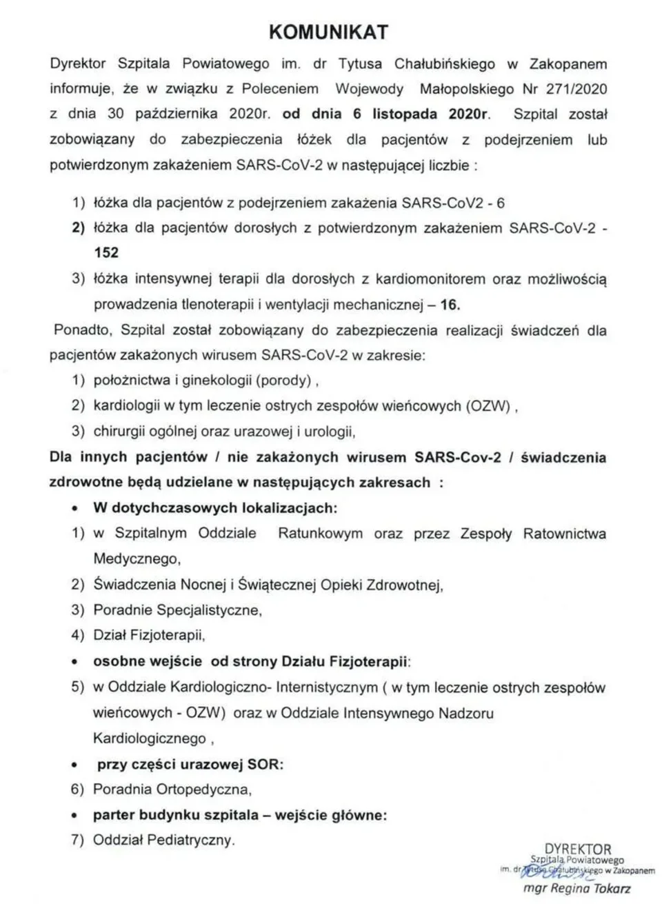KOMUNIKAT - zabezpieczenie łóżek oraz realizacji świadczeń dla pacjentów z podejrzeniem lub potwierd